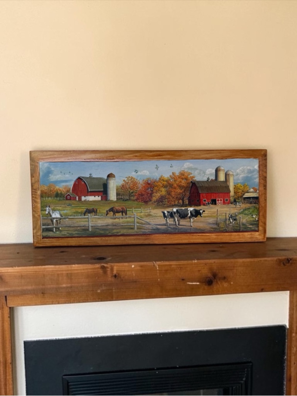 Rustic Reclaimed Wood Farm Scene Wall Art Horses Barn Country Decor 23x9
